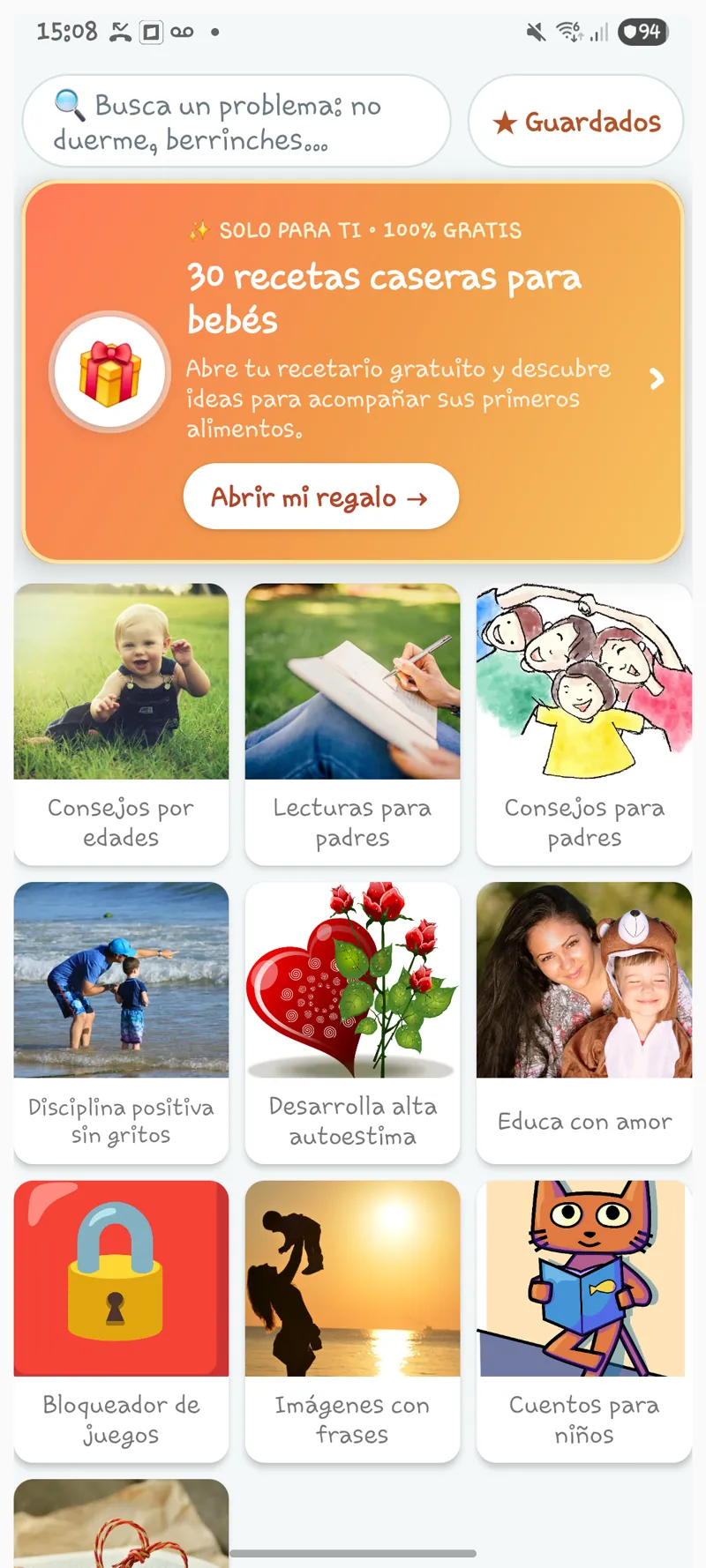 Pantalla de Pequeños Bocados con el recetario gratuito de 30 recetas caseras para bebés y otras ideas para familias.