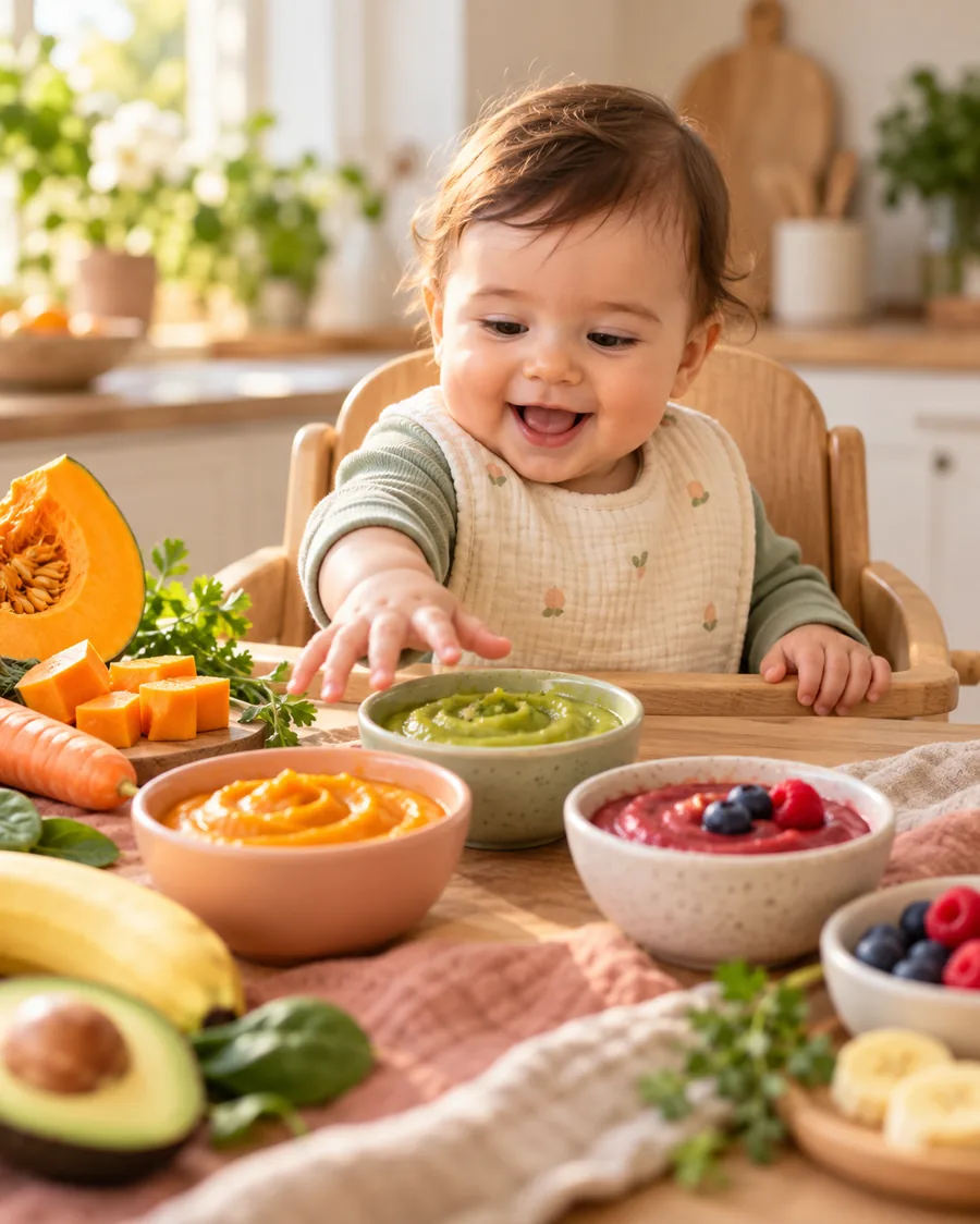 Bebé disfrutando preparaciones suaves de frutas y verduras