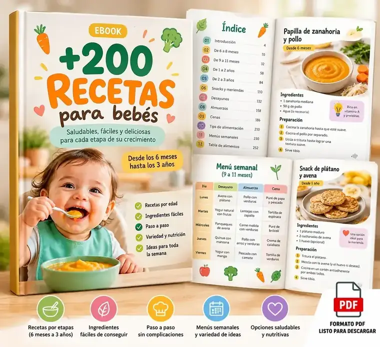 Portada del ebook +200 recetas para bebés, con índice, menú semanal y ejemplos de recetas