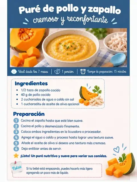 Receta de puré de pollo y zapallo, desde los 7 meses