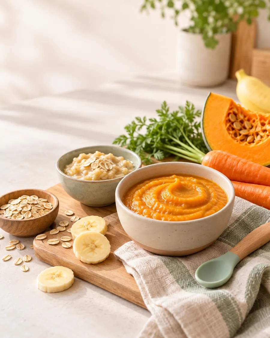 Bowl de puré casero de verduras y frutas para bebés.